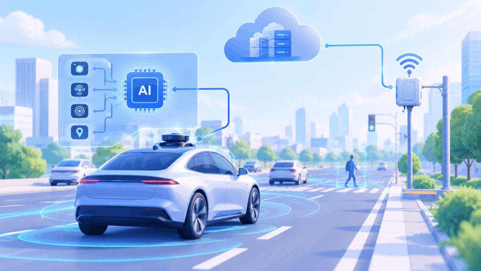 Autonomous vehicle using edge computing with onboard AI, sensors, roadside infrastructure, and cloud connectivity