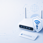Illustration of a Wi-Fi router with a lock icon representing an encrypted network security key