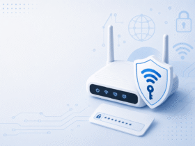 Illustration of a Wi-Fi router with a lock icon representing an encrypted network security key