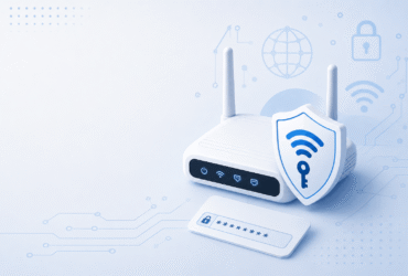 Illustration of a Wi-Fi router with a lock icon representing an encrypted network security key