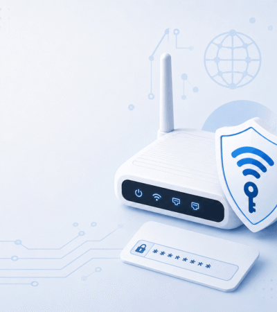 Illustration of a Wi-Fi router with a lock icon representing an encrypted network security key