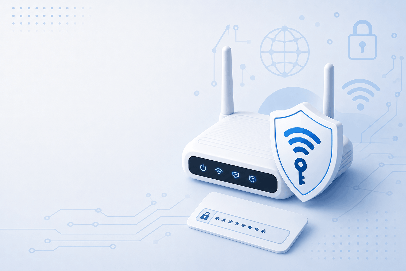 Illustration of a Wi-Fi router with a lock icon representing an encrypted network security key