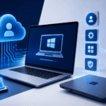 Illustration of a laptop with Windows Autopilot automatically enrolling a device into Microsoft Intune