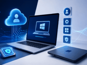Illustration of a laptop with Windows Autopilot automatically enrolling a device into Microsoft Intune