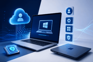 Illustration of a laptop with Windows Autopilot automatically enrolling a device into Microsoft Intune