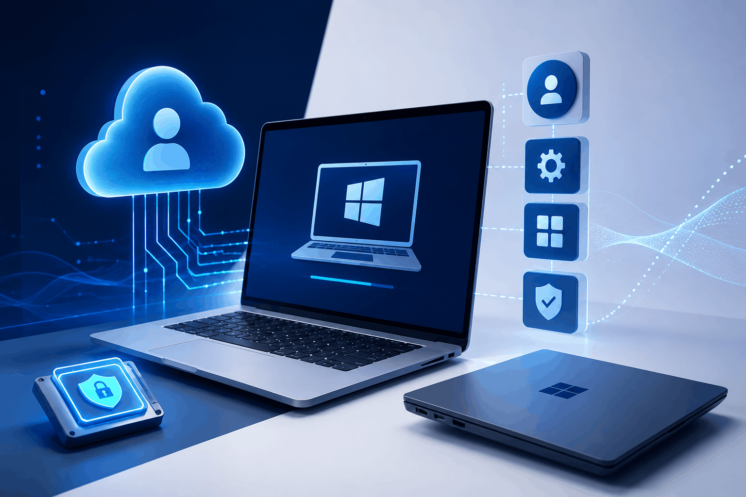 Illustration of a laptop with Windows Autopilot automatically enrolling a device into Microsoft Intune