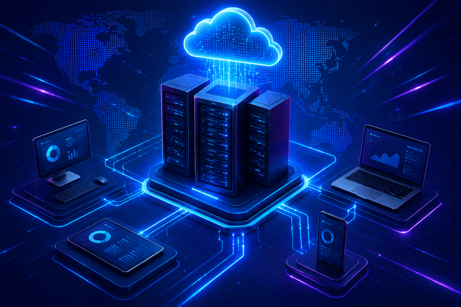 Server-based computing with centralized servers connected to multiple devices