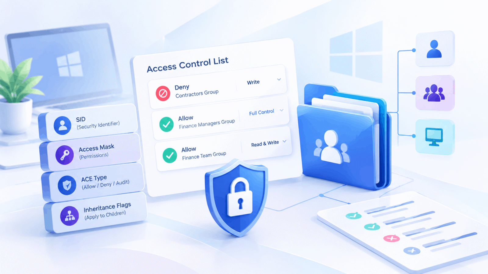 Illustration of a permission list with allow and deny entries representing an access control entry structure