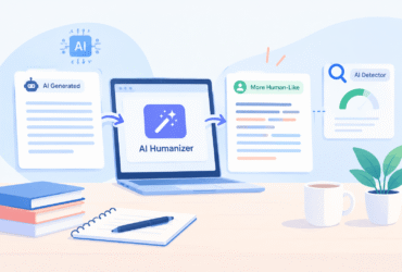 AI humanizer transforming AI-generated text before it is analyzed by an AI detection tool