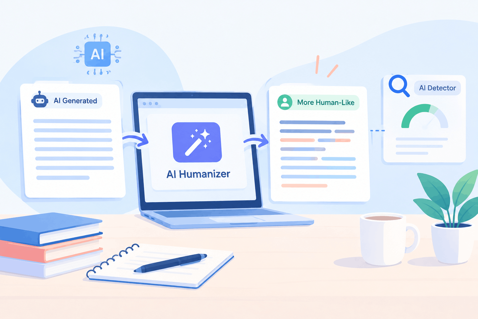 AI humanizer transforming AI-generated text before it is analyzed by an AI detection tool