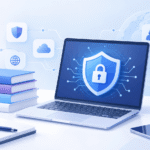 Illustration of a person climbing a winding path toward a shield icon, representing the cybersecurity learning curve