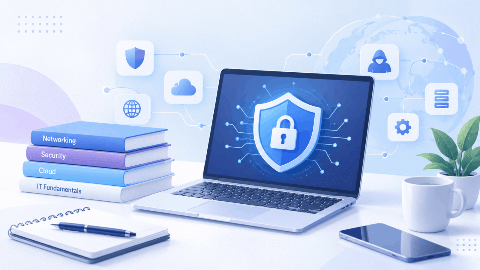 Illustration of a person climbing a winding path toward a shield icon, representing the cybersecurity learning curve