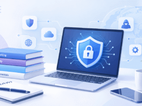Illustration of a person climbing a winding path toward a shield icon, representing the cybersecurity learning curve