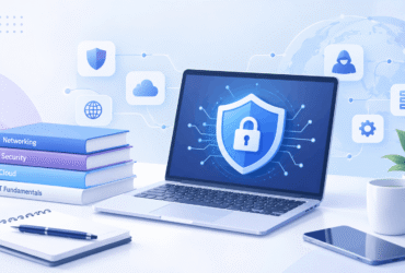 Illustration of a person climbing a winding path toward a shield icon, representing the cybersecurity learning curve