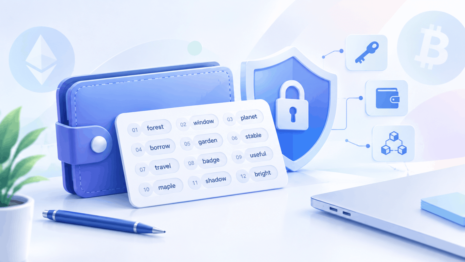 Illustration of a crypto wallet, seed phrase, shield, and lock representing cryptocurrency wallet security