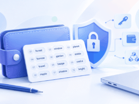 Illustration of a crypto wallet, seed phrase, shield, and lock representing cryptocurrency wallet security