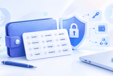 Illustration of a crypto wallet, seed phrase, shield, and lock representing cryptocurrency wallet security
